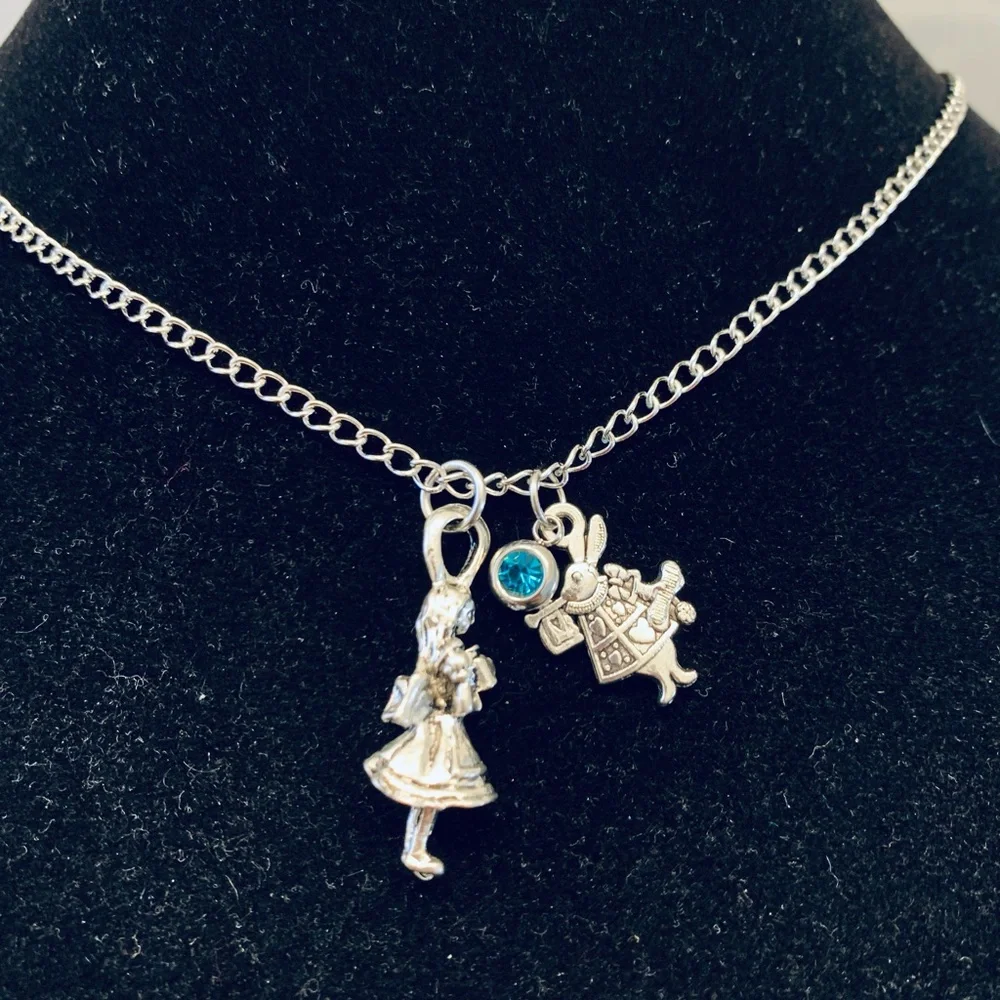 Alice in Wonderland necklace with rhinestone charm